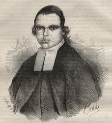 Portrett av Louis Bonafous, i religionen bror Léotade, anklaget for voldtekt og drap. Han døde i straffekolonien i Toulon 27. jan. 1850. Gravering i «Histoire des bagnes depuis leur création à nos jours» (1877) av Pierre Zaccone (1817-1895) (Straffekoloni