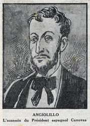Portrett av Michele Angiolillo Lombardi, kalt Jose Sants eller Rinaldini, italiensk anarkist (1871-1897), morder av presidenten for det spanske rådet, Antonio Cánovas del Castillo (1828-1897). Stikk i „L
