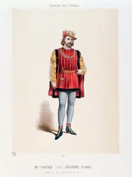 Portrett av Mr. Faure som tolker kong Charles VII i operaen Joan of Arc at the Bucher av Honegger