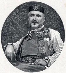Portrett av Nikola I av Montenegro (Nikola I Petrović-Njegoš) (Petrović-Njegoš) (1841-1921), fyrste av Montenegro og Brda. Stikk i «Les Missions Catholiques au XIXe Siecle» av Louis-Eugène (Louis Eugène) Louvet. Privatsamling.