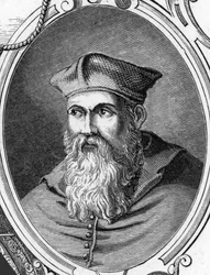 Portrett av Sebastiano Luciani dit Sebastiano del Piombo (1485-1547) italiensk maler. 1859 gravering i "" galleriene i Europa - Italia"" av Armandaud. Privat samling.