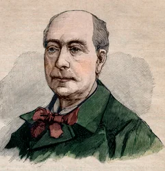 Portrett av Theodore de Banville (1823-1891), fransk poet. Gravering i “” Le petit Parisien”” fra 1891. Privat samling.
