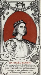 Portrait of the Italian Renaissance painter Raphael (Raffaello Sanzio 1483-1520). Engraving from 1914. Private collection.