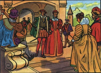 Portretter av Henry II (1519-1559) og Catherine de Medici (Caterina de Medici) (1519-1589), konge og dronning av Frankrike. Anonym illustrasjon i ""Samling av Frankrikes suverene og statsoverhoder"". Det 20. århundre. Privat samling.