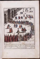 Procession du doge et de son entourage sur la place Saint Marc, Venezia - Prosesjon av Doge og hans følge på Piazza San Marco i Venezia, Anonym . Kobberstikk, akvarell