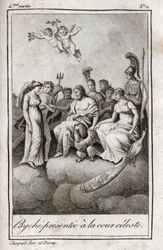 Psyche presentert for Celestial Court. Gravering fra 1819 i «Lettres a Emilie sur la mythologie» av Charles Albert Demoustier (1760-1801). Privat samling.