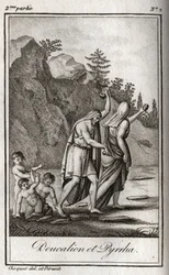 Representasjon av Deucalion og Pyrrha, de eneste overlevende etter syndfloden forårsaket av Zevs for å ødelegge menneskeslekten. Themis etter syndfloden ber dem gå med hodet dekket ved å kaste bak dem beinene til moren deres (jordens steiner) (Re