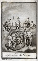 Representation of the Assembly of the Gods on the mount Olympus or Twelve Olympians. Engraving from 1819 in “Lettres a Emilie sur la mythologie” by Charles Albert Demoustier (1760-1801). Private collection.