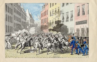 Revolution de Juillet 1830 a Paris (Juli-revolusjonen 1830) Anonym gravering og akvarell 1830 Dim 25,7x40,3 cm Privat samling