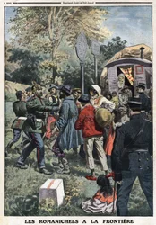 Romanichels på grensen: De franske gendarmene henviser nomadiske familier til den tyske grensen, eller tyske gendarmer stopper dem fra å trenge inn i landet deres. Gravering i "" Le Petite Journal"", den 8/09/1912. Privat samling.