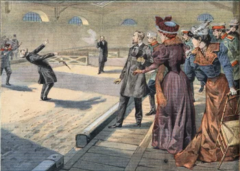 De russiske generalene Smyrnoff og Fock kjemper i en duell. Gravering fra avisen "" Le Petite Parisien "", 5/04/1908. Privat samling.