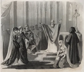 Saint Dunstan (ca. 909-988), eveque av Canterbury, benediktiner og reformator av klosterlivet i England, kunngjorde sin forestående død til folket. Gravering fra 1846 i "" Lives of the saints"". Privat samling.