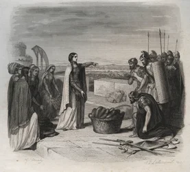 Sainte Genevieve delte ut mat til folket under beleiringen av Paris av hæren til Huns of Attila i 451 (barbariske invasjoner). Gravering fra 1846 i "" Lives of the saints"". Privat samling.