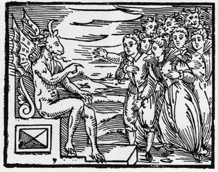 Satan krever en pakt av de nye trollmennene - "Compendium Maleficarum", tar for seg hekser, deres ondskap og deres sortileges av Francesco Maria Guazzo eller Guaccio eller Guaccius (15?? -16??) 1608 Private Collection