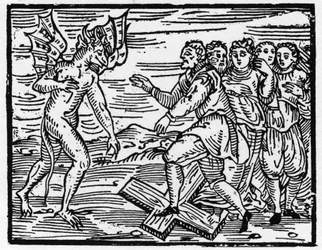 Satan tvinger sine fremtidige disipler til å gå på korset - "Compendium Maleficarum", tar for seg heksene, deres ondskap og deres sorteringer av Francesco Maria Guazzo eller Guaccio eller Guaccius (15?? -16??) 1608 Private Collection