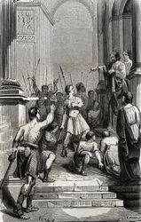 Saturnin av Toulouse (Saint Sernin, første kristne eveque av Toulouse) (3. århundre) stoppet ved hovedstaden i Toulouse - Gravering av 1846 i "Lives des saints"". Privat samling.