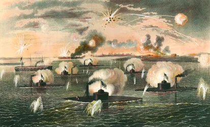 Sesession War (1861-1865): “” Angrep av flytende batterier slagskip under løsrivelseskrigen”” Gravering rundt 1865. Privat samling