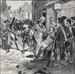 Siege of Lille in 1792: Maes wig using a bomb shatter as a beard dish to shave a client. Engraving in “” Le petit parisien”” on 16/10/1892. Private Collection