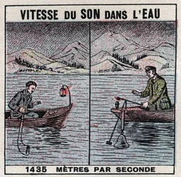 Lydenergi: lydhastighet i vann. Forsøk fra 1826-1827 av Jean Daniel (Jean-Daniel) Colladon (1802-1893) og Charles François Sturm (1803-1855) på Genfersjøen (Lac Léman). To båter fortøyd 14 km fra hverandre, den ene båten hadde en klokke, en hammer h