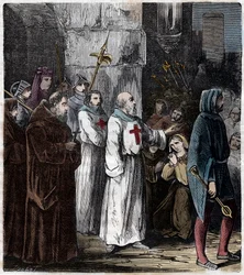 Tempelherrenes tilførsel: Jacques de Molay (Molai) stormester av Tempelherreordenen og flere av hans følgesvenner er anklaget for kjetteri og utskeielser av kong Filip IV dit le bel et henrettet 4. mars
