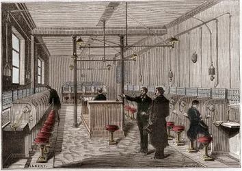 Telefonsentral bygget i henhold til Edison Gower-Bell-systemet for telekommunikasjon - første sentraltelefon i Paris i 1879 - system av amerikaneren Frederick Gower - gravering i "" La nature"" fra 1880