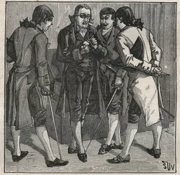 Test av den bresilianske falske diamanten av John Mawe (1764-1829) britisk mineralog. Gravering fra 1885 i "" Les arts et metiers illustres"" av Adolphe BITARD.