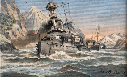The American fleet in Magellan Detroit. Engraving from the newspaper “” Le Petro Parisien””, 23/02/1908. Private collection.