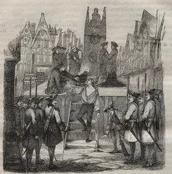 Chevalier François-Jean Lefebvre de La Barre (François Jean Lefebvre de La Barre) går opp på skafottet i 1766. Gravering i «Histoire des bagnes depuis leur création à nos jours» (1877) av Pierre Zaccone (1817-1895), straffekoloni