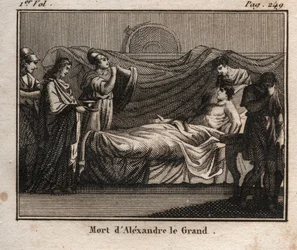 Den makedonske kong Alexander den Stores død (356-323 f.Kr.) -Den store døden til ALEXANDER (356-323 f.Kr.) - Kongen av Makedonia (336-323 f.Kr.) - fra "" Ungdommen Rollin eller utvalgte stykker av antikken og Roman Stories”” 1816 - Privat samling