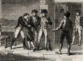 Hertugene av Montpensier (Antoine d'Orleans) og Beaujolais (Louis-Charles d'Orleans) ved Fort Saint-Jean (Saint Jean) (Marseille) i 1793 - Gravering i "Histoire des Girondins" av Alphonse de Lamartine (1790-1869) ) 1865-1866 - Privat saml