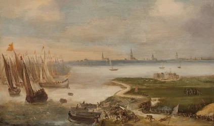 Det nederlandske nederlaget ved Blokkersdijk, ca. 1610–1615 (olje på panel)