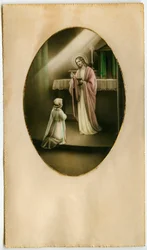 Eukaristien, nattverden, alterets sakrament: et barn foran Jesus (gravering)