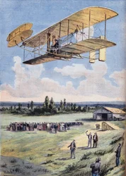 The Flying Men: opplevelsene til Wilbur Wright (1867-1912) over Hunaudieres racerbane, nær byen Le Mans. Gravering fra avisen "" Le Peute Parisien"", 30.08.1908. Privat samling.