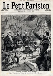 Den fransk-russiske alliansen: skålen for tsar Nicholas II (1868-1918) til ære for den franske presidenten Felix Faure (1841-1899) ombord på Pothau. I "" Le Petit Parisien"" 5.09.1897. Privat samling