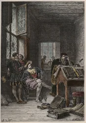 Kongen av Frankrike Francois I (1494-1547), beskytter av kunst og bokstaver, besøkte verkstedene til trykkeriene Estienne (Robert Estienne), rundt 1540 (kongen av Frankrike Frans I besøkte verkstedene til de kongelige typografene Estienne