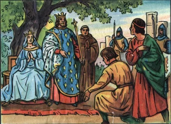 Kongen av Frankrike Saint Louis (Louis IX 1214-1270) gjør rettferdighet under eiken til Bois de Vincennes. Anonym illustrasjon i ""Samling av Frankrikes suverene og statsoverhoder"". Det 20. århundre. Privat samling.