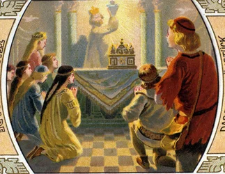 The Quest of the Holy Grail, et hellig kar som ville ha samlet blod fra Jesu Kristi sår under korsfestelsen. kromolitografi fra slutten av 1800-tallet..