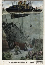 The Rescue of the Millions of the Oceana: Scaphandlers dykker utenfor Eastbourne for å plukke opp de 18 millioner metallene som den britiske rutebåten skulle frakte til India. Gravering i "" Le Petite Journal"", 19.05.1912. Privat samling.