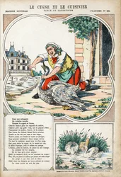 Svanen og kokken. Anonym illustrasjon for Les Fables av Jean de LA FONTAINE (Lafontaine) (1621-1695). Avbildning av Pont-a-Mousson, ca 1880. Privat samling.