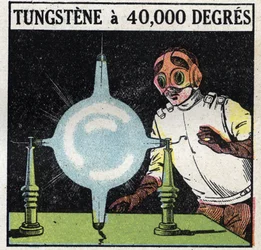 Atomet og vitenskapen: forsøk å løse opp wolfram ved å fordampe en fin ledning av dette metallet til 40 000 grader. Anonym illustrasjon fra 1925. Privat samling.