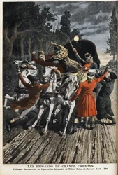Motorveiene: angrepet av Lyon-posten mellom Lieusaint og Melun (Seine Et Marne) i april 1796. Gravering i "" Le Petite Journal"