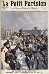 Hundreårsjubileet til Saint Cyr (Saint-Cyr): Napoleon I Bonaparte (1769-1821) bestod den første anmeldelsen av elevene ved militærskolen. En av avisen "" Le petit parisien"" den 12/04/1908. Privat samling.