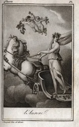 The dawn (Apollo guides the chariot of the sun). Allegory of sunrise. Engraving from 1819 in “Lettres a Emilie sur la mythologie” by Charles Albert Demoustier (1760-1801). Private collection.