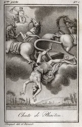 Fallet til Phaeton Phaeton (Phaethon), som ikke var i stand til å kontrollere Helios-tanken, ble truffet av Zeus og falt i Eridan-elven. Gravering fra 1819 i «Lettres a Emilie sur la mythologie» av Charles Albert Demoustier (1760-1801). Privat samling.