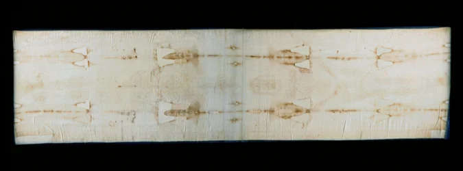 Det hellige likkledet i Torino (eller likkledet eller sacra sindone), linlaken som viser spor (antagelig Kristus) av tortur av en kropp. Royal Chapel of Cathedrale Saint John the Baptist i Torino, Italia. - The Holy Shroud of Turin (sacra sindone), gammel 