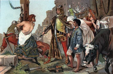Rettferdigheten til Baudouin VII (1092-1119), sa grev av Flandern til øksen. Reklamekromolitografi av Antoine-sjokolade i Brussel, begynnelsen av 1900-tallet. Privat samling