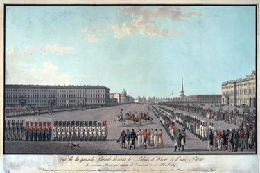 Paraden foran Vinterpalasset i St. Petersburg - Anonym - 1799 - Etsning, akvarell - 65x95,6 - Privat samling