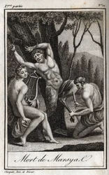 Straffen eller døden til Marsyas (The Punishment of Marsyas) blir straffet for å ha trosset Apollo til lyren og sperres av bueskytteren i nærvær av kong Midas og musene. Gravering fra 1819 i «Lettres a Emilie sur la mythologie» av Charles