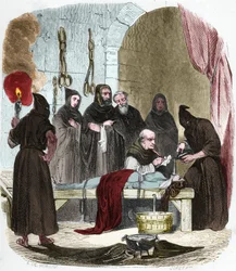 The question of water: Pedro (Pierre) de Arbues (1441/1442 - 1485) interrogates under torture a young woman who allegedly induced her sister to turn to Lutheranism. Tie by strings, water is poured into a cloth that is pushed into the bottom of the throat. 