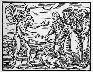 Trollmennene som presenterer et barn for djevelen - "" Compendium Maleficarum"", handler om hekser, deres ondskap og deres sortileges av Francesco Maria Guazzo eller Guaccio eller Guaccius (15?? -16??) Privatsamling fra 1608
